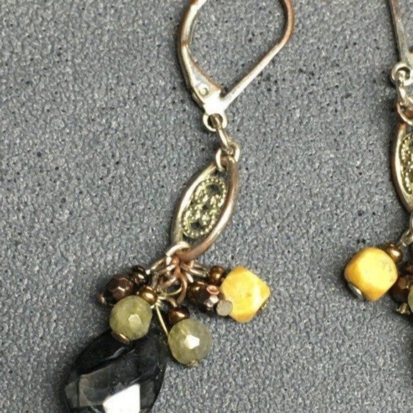 Dangle Pierced Earrings Black Green Grey Brown Silver Filagree Ellipse BoHo - Picture 3 of 4